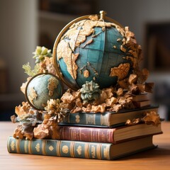 Antique books with globe on wooden table