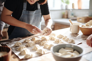 Obraz na płótnie Canvas A family making homemade dumplings (jiaozi) together, love and creativity with copy space