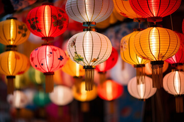 A stunning display of intricate Chinese paper lanterns, love and creativity with copy space