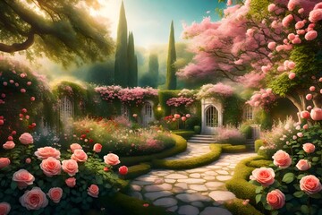 A picturesque HD wallpaper showcasing a charming rose garden at the peak of spring, where every petal exudes romantic allure, and the garden's lush