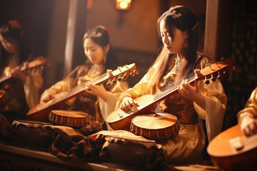 Obraz premium A group of musicians playing traditional Chinese instruments, love and creativity with copy space