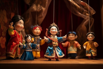 A traditional Chinese puppet show with intricate puppets, love and creativity with copy space