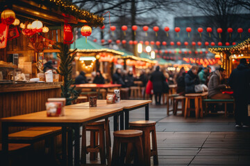 A bustling New Year's Eve market with street food stalls, love and creativity with copy space
