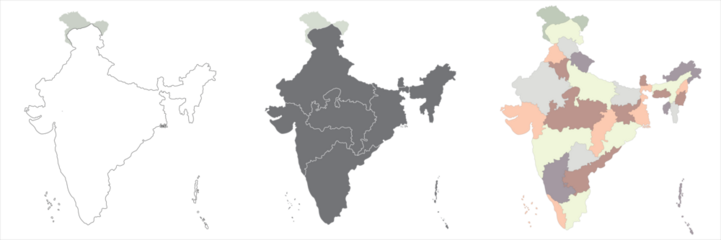 Map of India set. India map set with grey and colorful 