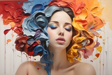 Girl feel the Emotion of Colour Like joy sorrow  brush work to convey. painting, ai generated 