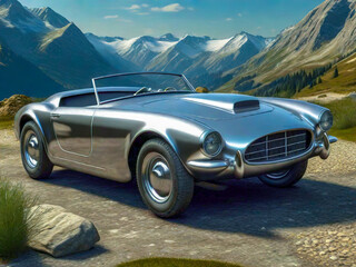 Fototapeta na wymiar Silver gray car car on a background of mountains