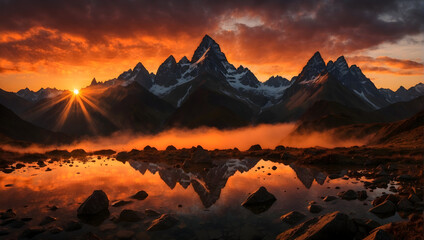 The silhouette of jagged mountain peaks against a vivid orange sunset. Generative AI