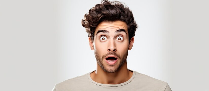 Shockingly a dark haired young man with stubble is amazed by something uncommon on a plain white area perfect for your ad content