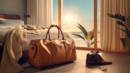 a travel bag in a cozy hotel room. The image exude comfort and adventure.