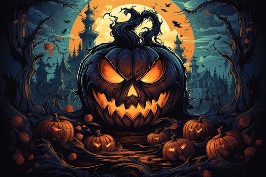 Digital painting of a pumpkin with a Halloween atmosphere.