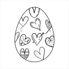 black and white easter egg. Hearts. Vector on white background