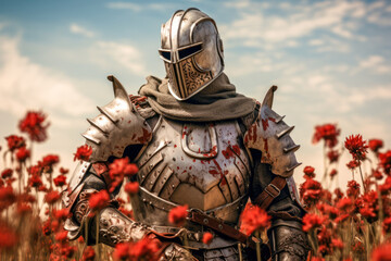 Medieval knight in the field of red poppies - obrazy, fototapety, plakaty