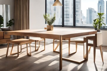 **A modern, minimalist wooden table set against a backdrop of a sleek, contemporary urban apartment, bathed in soft, diffused natural light, conveying a sense of sophistication and simplicity, Sculptu