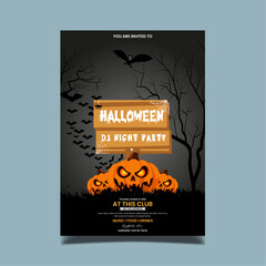 Halloween night background with pumpkin, haunted house and full moon. Flyer or invitation template for Halloween party. Vector illustration.