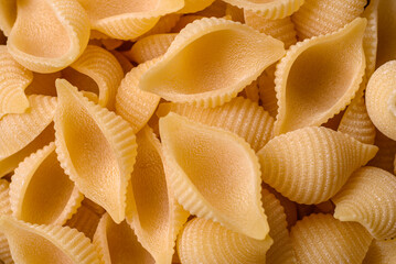 Raw Italian pasta conchiglie from durum wheat with vegetables, salt and spices
