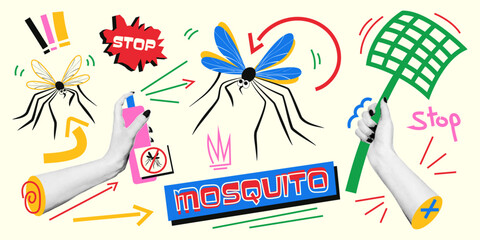 Collage with anti-mosquito elements. Vector illustration in retro collage style with halftone effect and doodle elements.