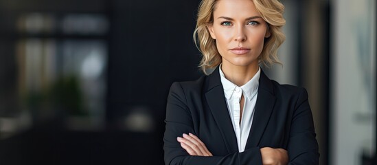 Professional woman in her 40 s standing confidently with arms crossed in office attire