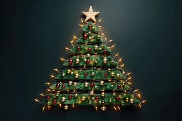 Fancy alternative christmas tree with star made of artificial materials and festive garland on green background. Sustainable Christmas and new year, zero waste, eco friendly concept