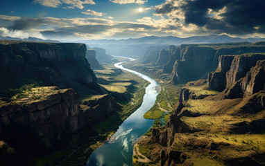 Photography of a curved river. There are jagged cliffs all along the river