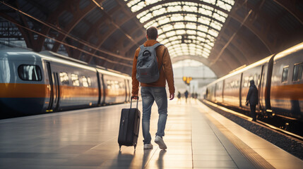 Onward Bound: Man Awaits Adventure at the Railway Station.  Ai generative