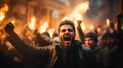 Obraz premium Turbulent Times: A Protester's Emotional Stand in the Crowd. Ai generated