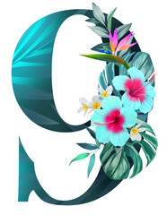 Number 9. Turquoise floral alphabet with a composition of bouquets of tropical hibiscus flowers, palm leaves, paradise flowers. Wedding invitations, baby shower, birthday, other conceptual ideas