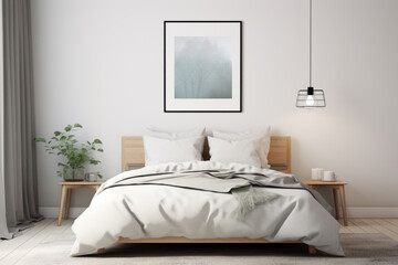 Fototapeta na wymiar Calming bedroom with a picture frame hanging up. interior with Scandinavian design furniture and accessories. Generative AI