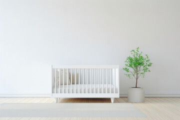 Minimalist interior of cozy nursery room with a white crib. Generative AI