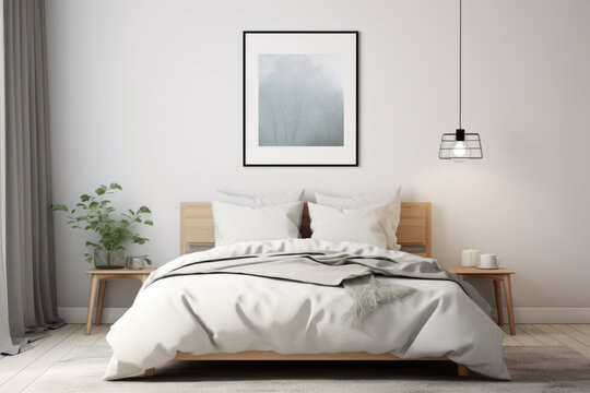 Calming bedroom with a picture frame hanging up. interior with Scandinavian design furniture and accessories. Generative AI