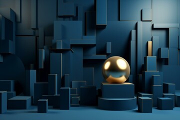 Beautiful blue 3D geometric background with column and gold blocks. Generative AI