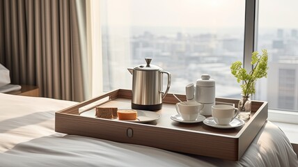 a well-appointed breakfast tray perfectly balanced on a comfortable bed in a modern minimalist hotel room, the serene morning ambiance