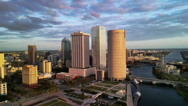 Tampa Bay Skyline at Sunset in Fall of 2023 - Flying SE