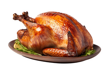 Delicious cooked whole turkey on white background, side view