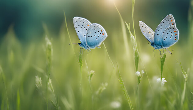 Two blue butterflies Polyommatus icarus in nature outdoors. Butterflies on a spring summer meadow in sunlight in lush grass, macro