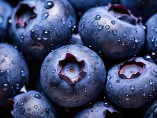 Fresh bilberries or blueberries glisten with water droplets in a close-up shot.