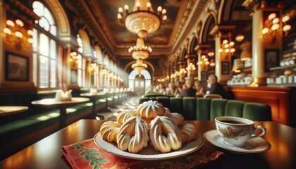 Austrian vanillekipferl, crescent-shaped vanilla biscuits, dusted with powdered sugar, festive napkin setting, Viennese coffee house backdrop with tall windows and chandeliers.