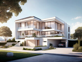 White modern house with glass windows and doors.