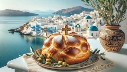 Greek christopsomo, Christmas bread with a cross on top, on a ceramic plate with olive branches, white-washed Greek village backdrop with blue domes and the Aegean Sea. - obrazy, fototapety, plakaty