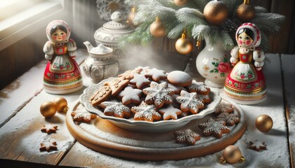 Traditional Russian Pryaniki, gingerbread cookies, on a porcelain plate with powdered sugar, snow-laden wooden table with vintage Russian dolls and golden baubles.