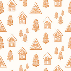 Seamless border pattern of gingerbread Christmas houses and trees, on isolated background. Hand drawn design for Winter, Christmas and New Year celebration, for paper crafts or home decor. 
