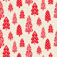 Seamless pattern of doddle Christmas trees and snowflakes on isolated background.. Hand drawn design for Winter, Christmas and New Year celebration, for paper crafts or home decor. 