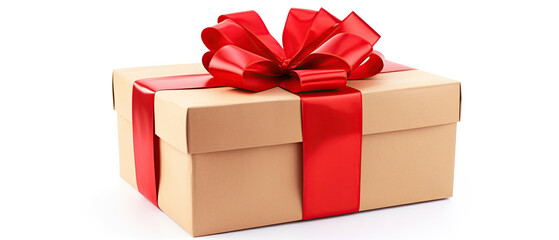 3D rendered tan gift box with red wide ribbon over white background.