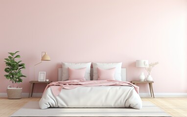 A nice small romantic bedroom that has pink walls