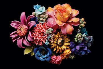 A cluster of colorful flowers placed together on a flat surface. Generative AI
