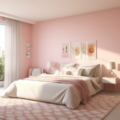 A nice small romantic bedroom that has pink walls