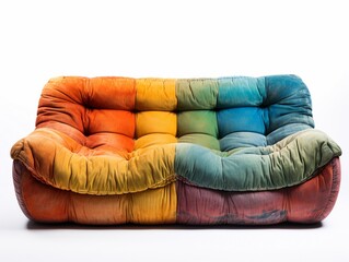 old retro colorful sofa on isolated white background, 70s style old furniture isolated on white.