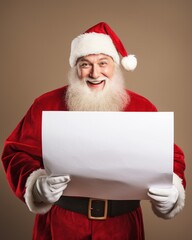 Naklejka premium Happy Santa Claus thumb up and holding blank vintage paper, Santa showing white sign.