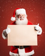 Happy Santa Claus thumb up and holding blank vintage paper, Santa showing white sign.