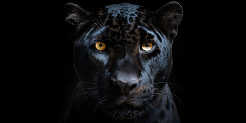 Obraz premium This striking image showcases a Panther in a front view against a black backdrop. Copy Space
