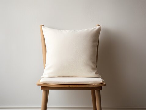 Mockup of white square cushion on white wooden vintage dining chair.